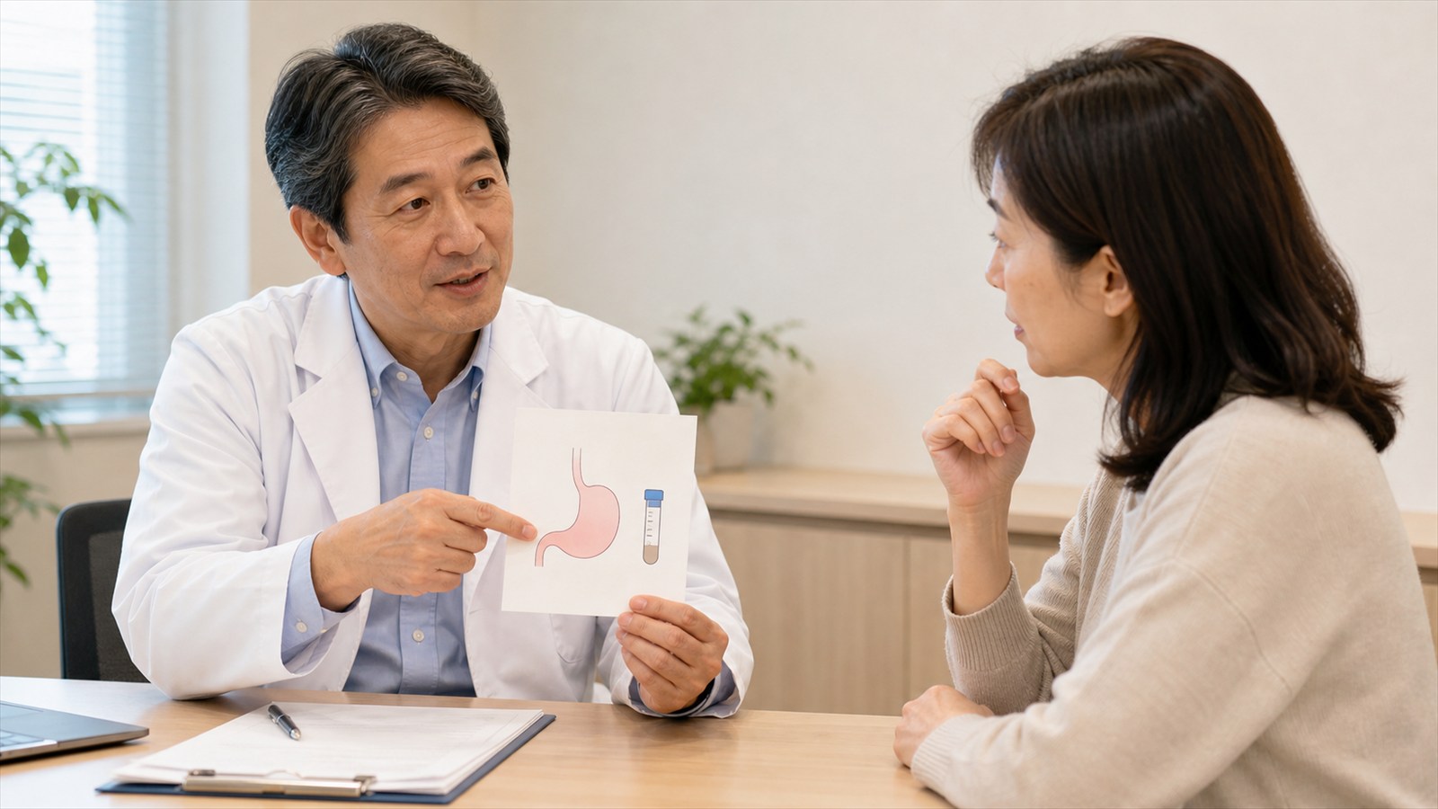 内視鏡やピロリ菌検査の必要性を医師と確認する日本人患者