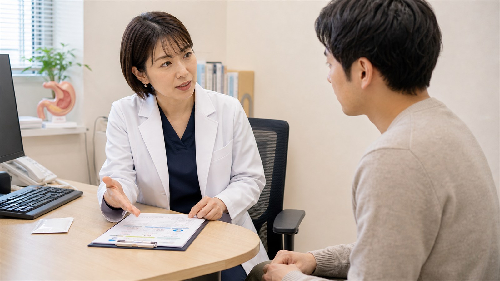機能性ディスペプシアの薬の目的と安全性を医師へ相談する日本人患者