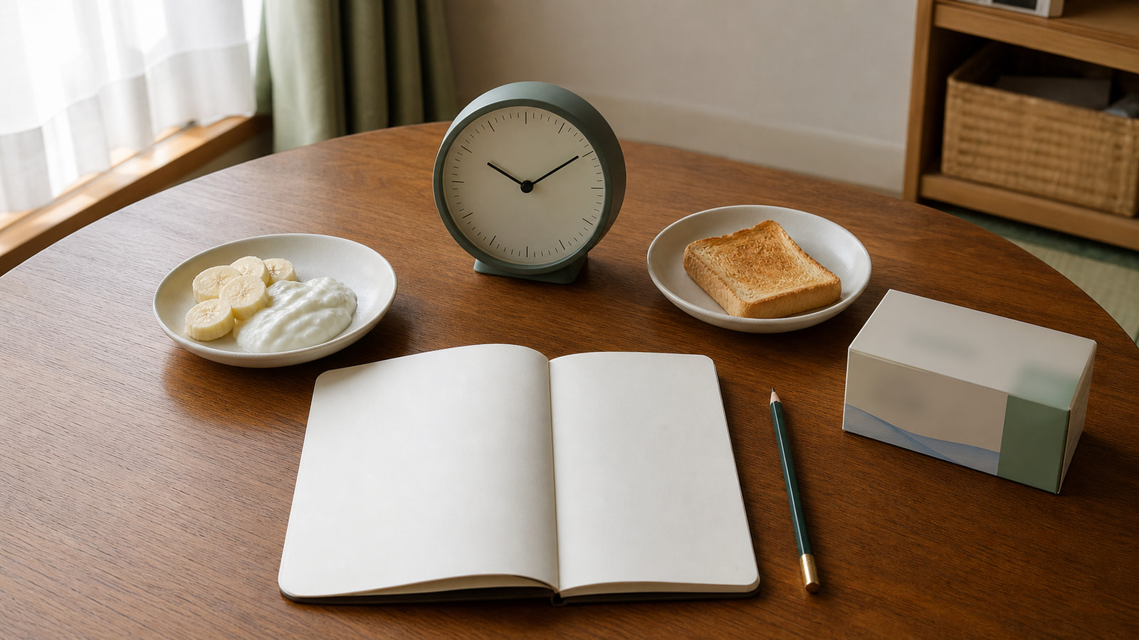 小さな皿、時計、無記名の症状記録、文字の読めない薬箱を机上に置いた食事記録の静物