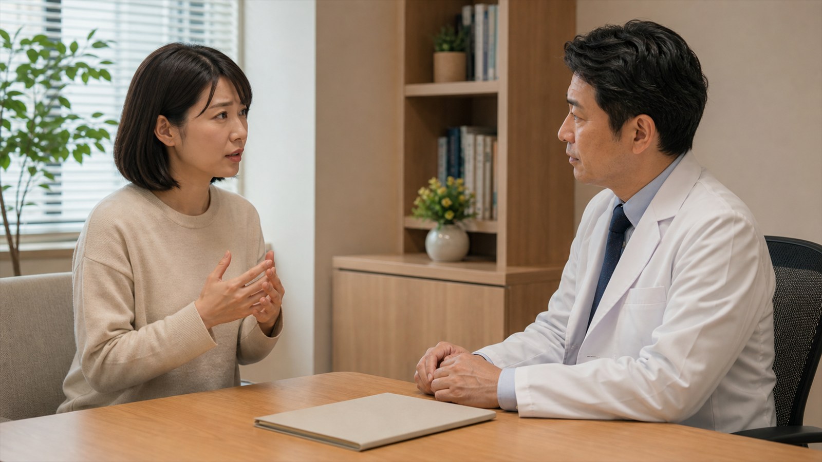 健康不安や病気への恐怖について、落ち着いた診察室で医師へ相談する日本人女性