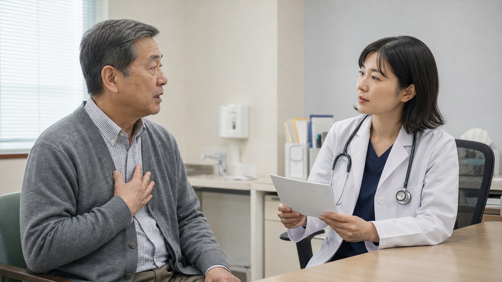 身体症状に必要な医学評価と受診先を医師と確認する日本人女性