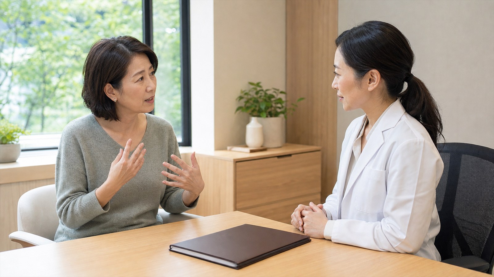 不眠や不安、身体症状と生活への影響を医師と相談する日本人女性