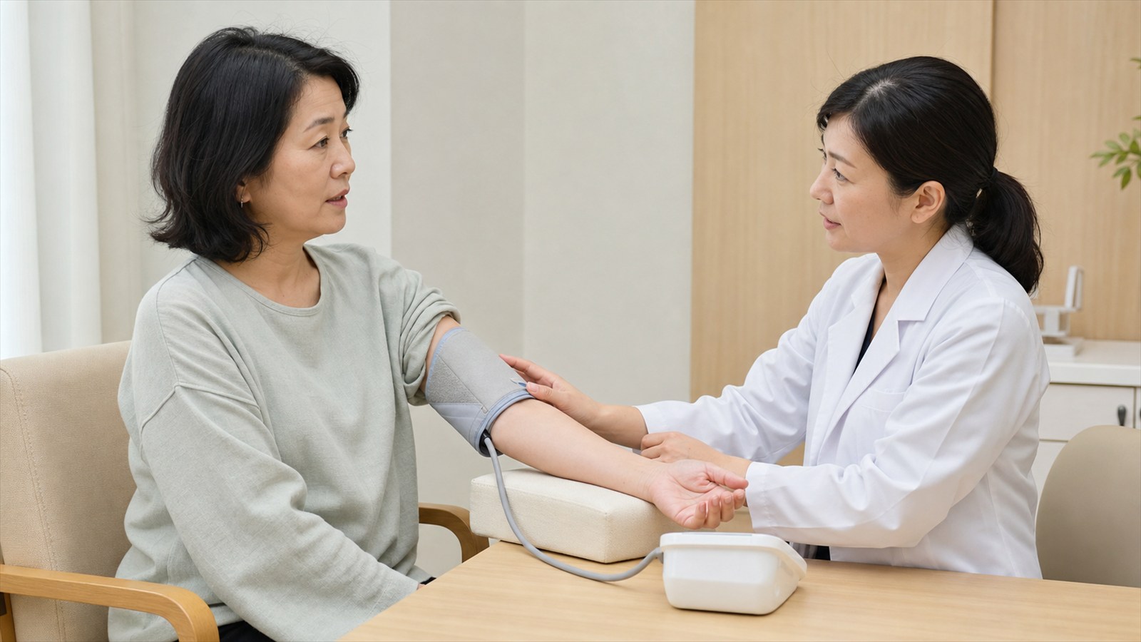 更年期に重なる症状の初診で血圧と全身状態を確認する日本人女性