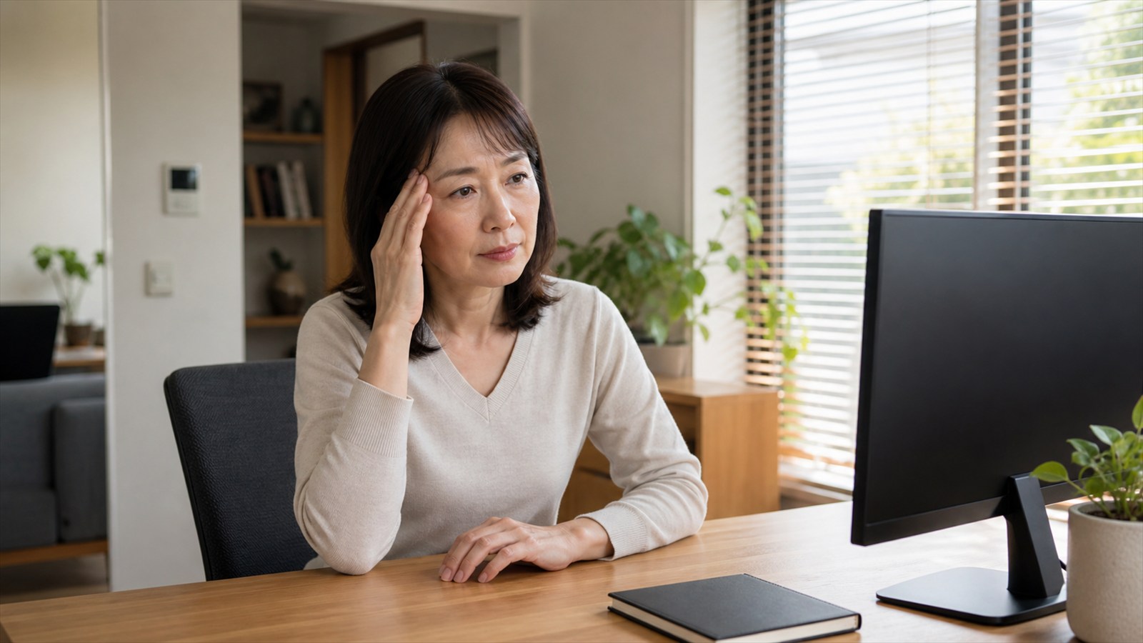 更年期移行期に重なる頭痛を自宅で休みながら整える日本人女性