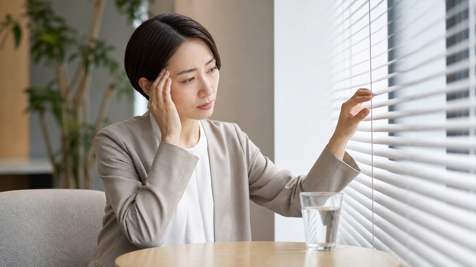 明るさを避けながら片側のこめかみに手を添える日本人会社員
