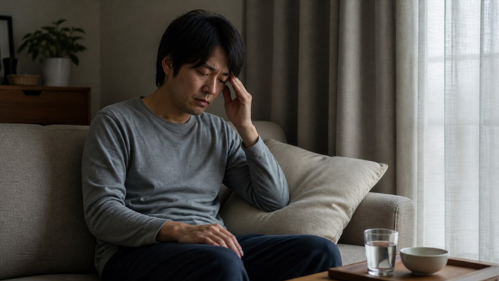 暗めの静かな室内で片頭痛症状のため休む日本人男性