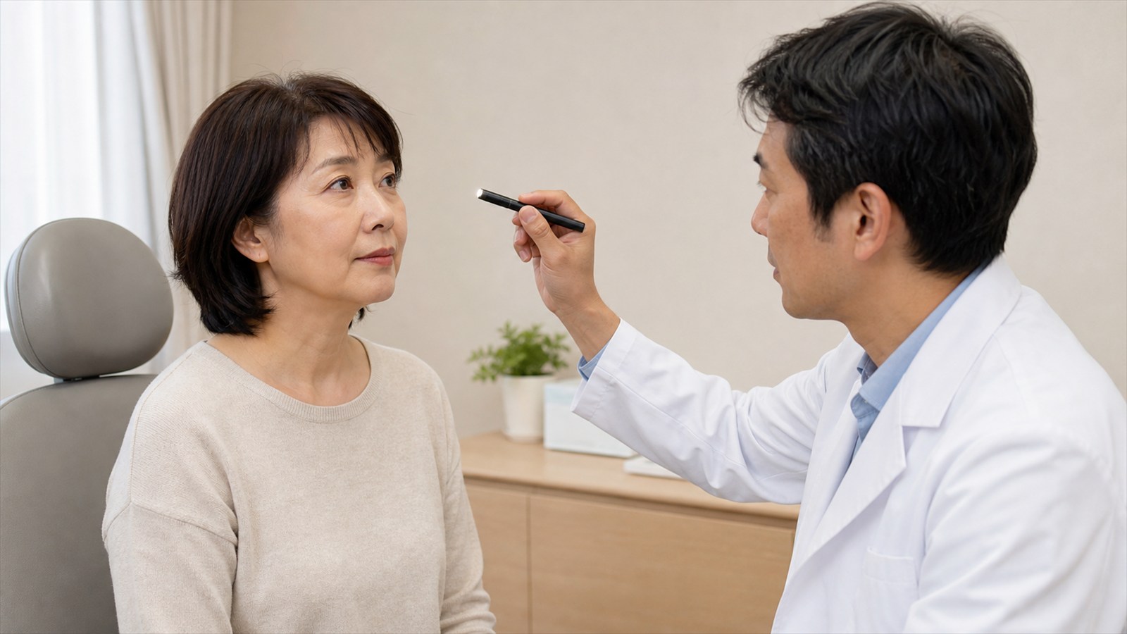 頭痛診察で眼球運動と上肢の状態を確認する日本人患者と医師
