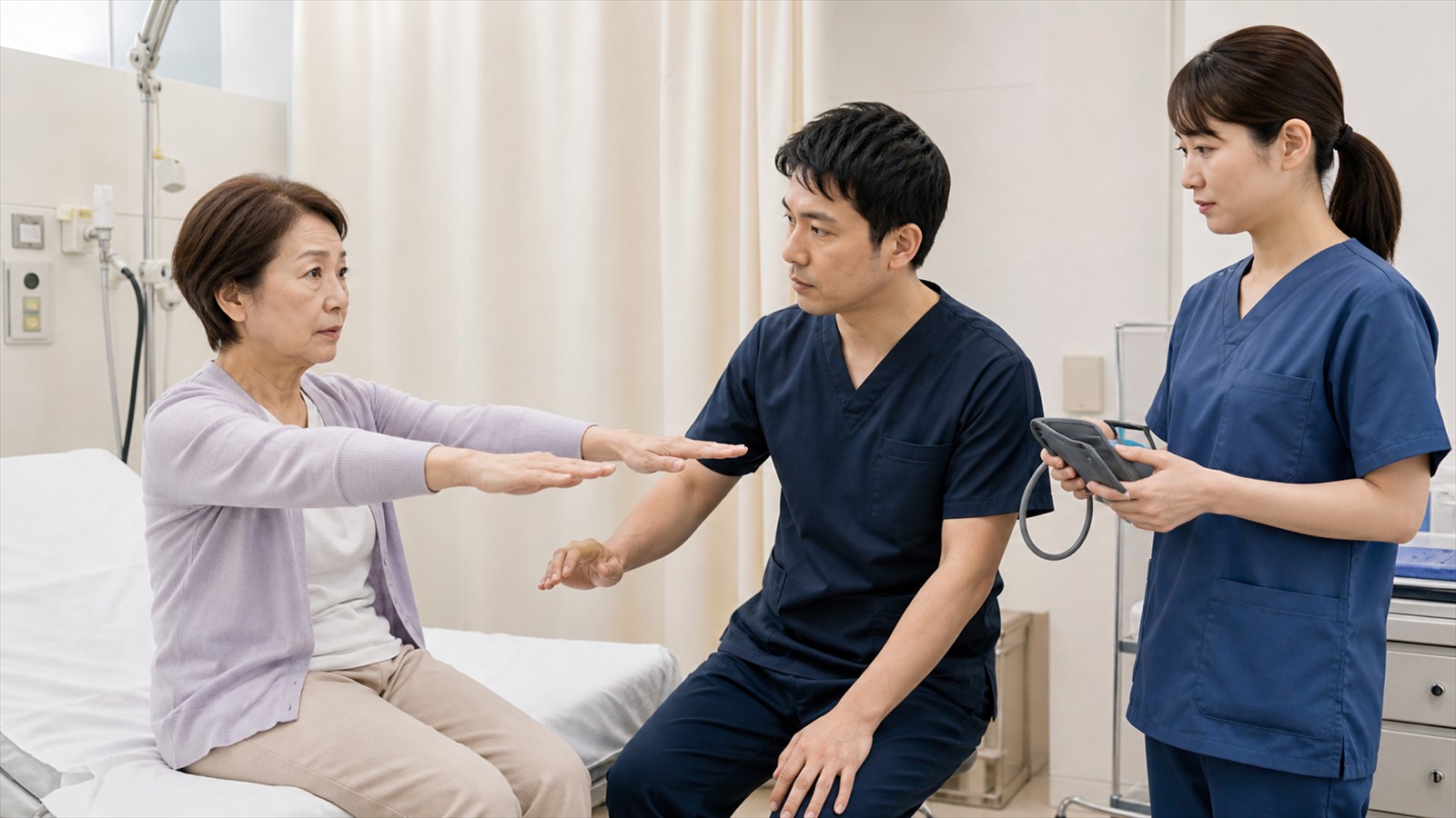突然の激しい頭痛で上肢と血圧の緊急評価を受ける日本人患者