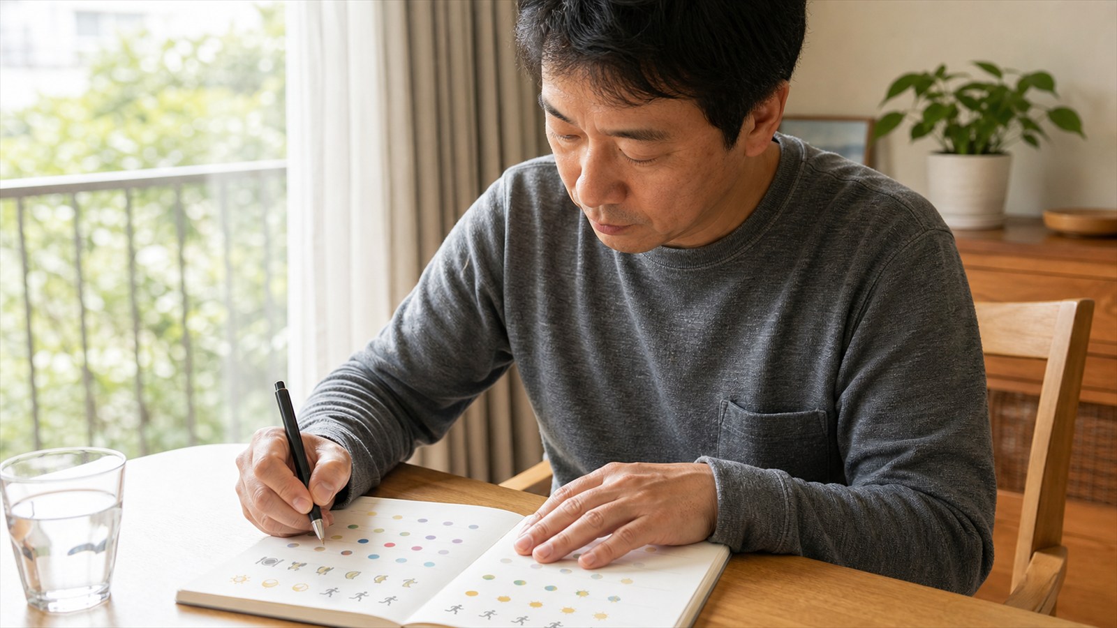 色点と生活記録で頭痛日を記録する日本人男性