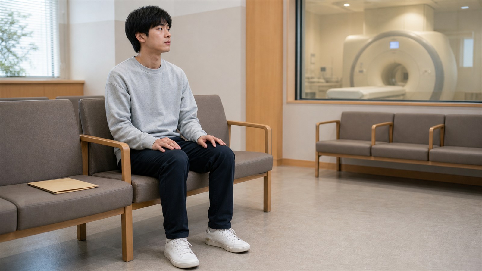 MRI検査前の待合室で身体の緊張に気づきながら待つ日本人男性