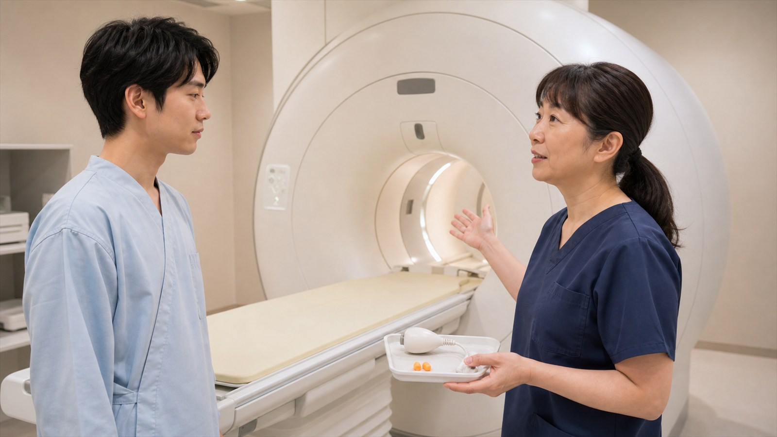 MRI装置と連絡用ブザーや聴覚保護具の説明を技師から受ける日本人男性