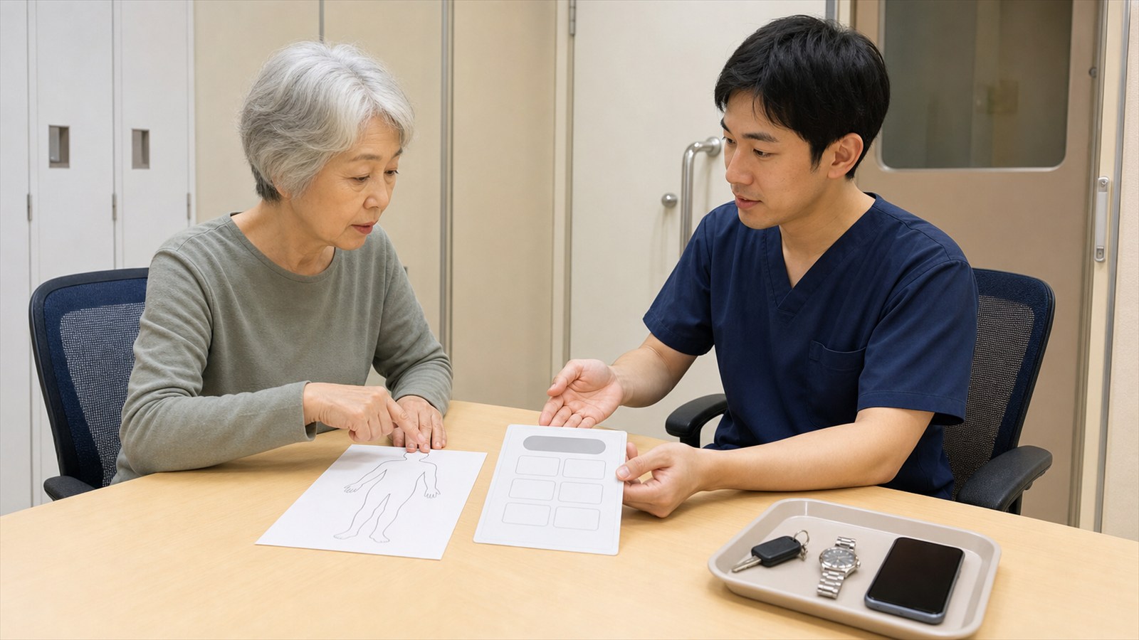 MRI検査前に植込み機器と金属物の安全確認を受ける日本人女性