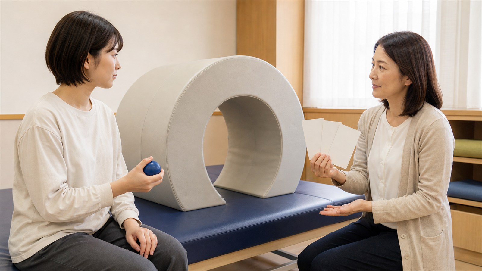 模擬装置を使って段階的な練習を心理士と進める日本人女性