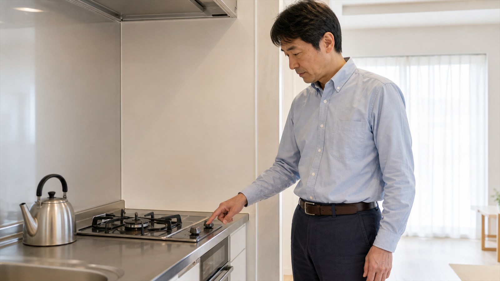 消火済みのコンロを落ち着いて確認する日本人男性
