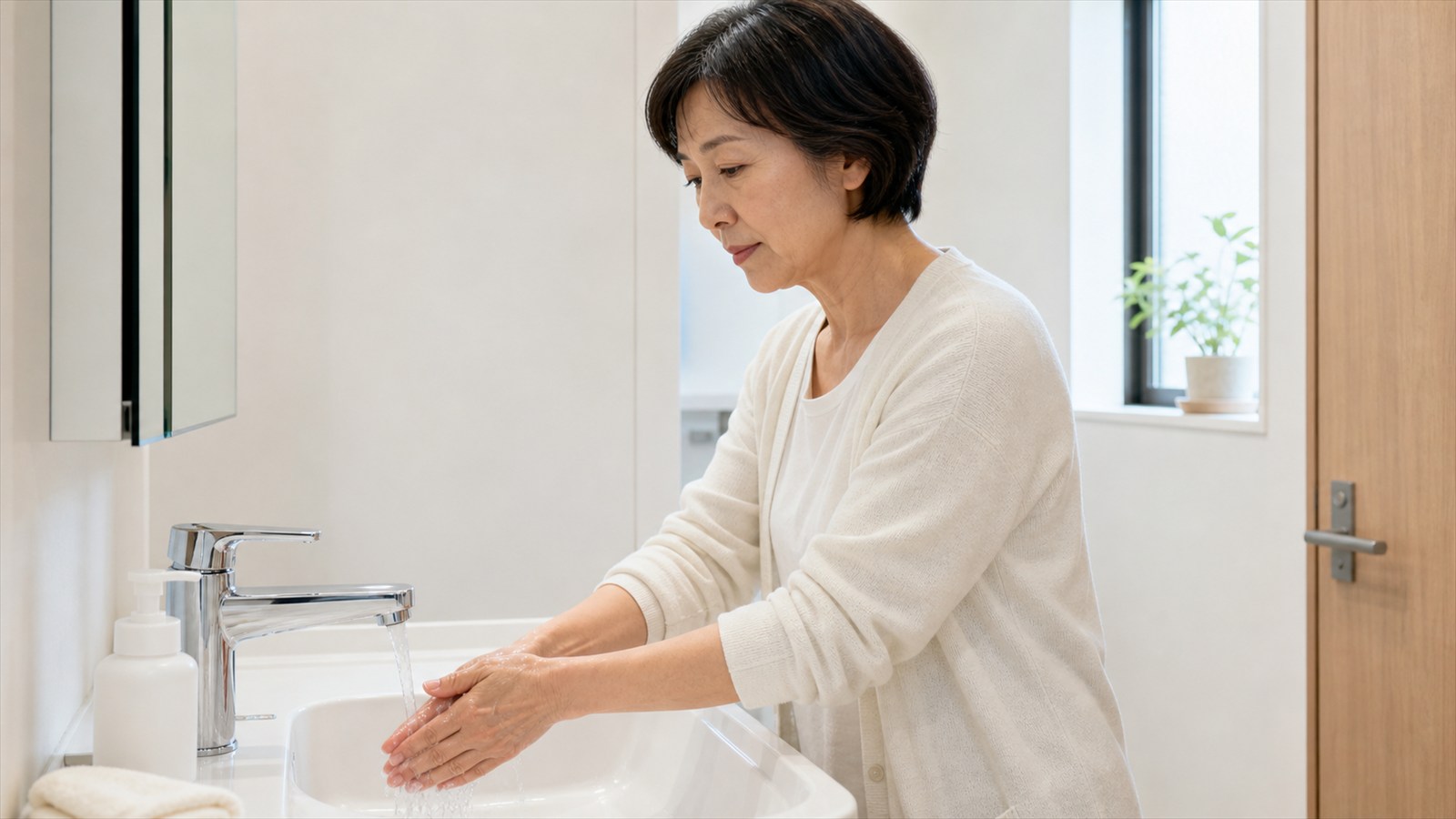 明るい洗面所で穏やかに手を洗う日本人女性