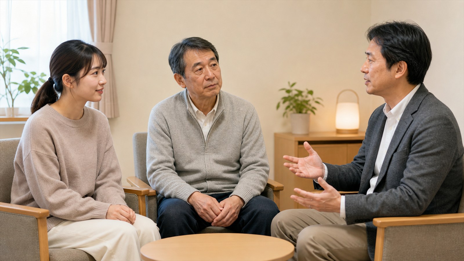 強迫症の家族支援について患者と家族と医師が相談する場面