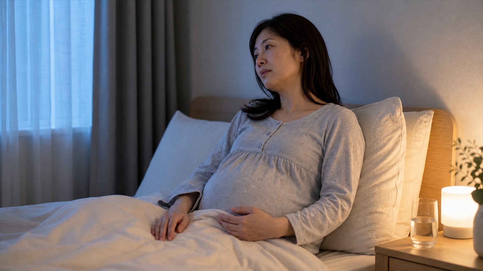 妊娠中の夜に寝つきにくさを感じ、身体を支えた姿勢で静かに休む日本人女性