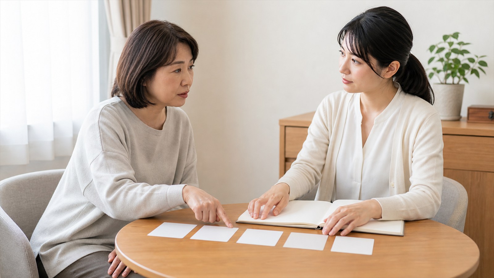 気分・不安・睡眠の経過を空欄の日誌と時系列で医療者と確認する日本人女性
