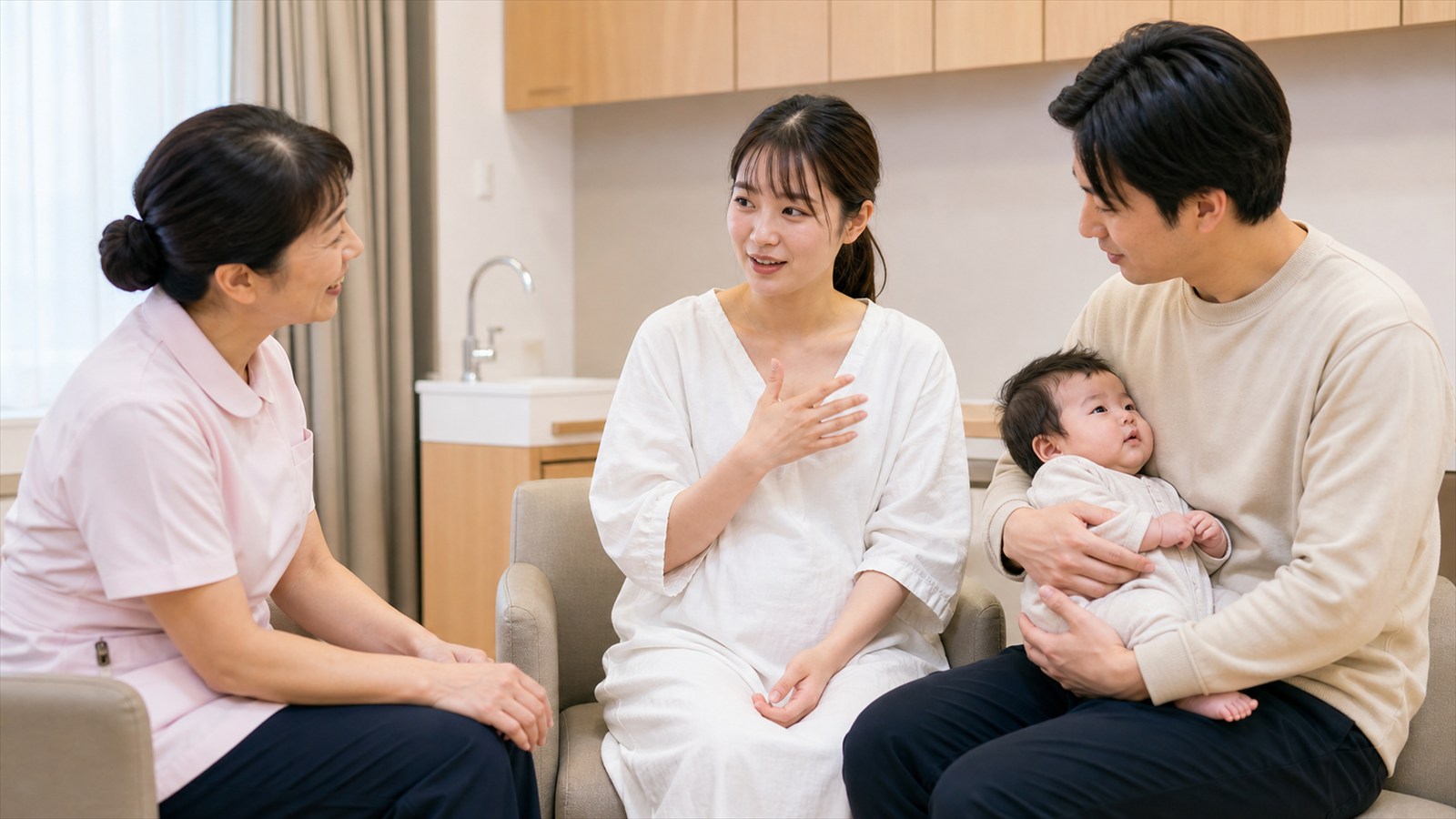 家族と医療者が母親の治療と赤ちゃんの様子を本人中心に確認する場面