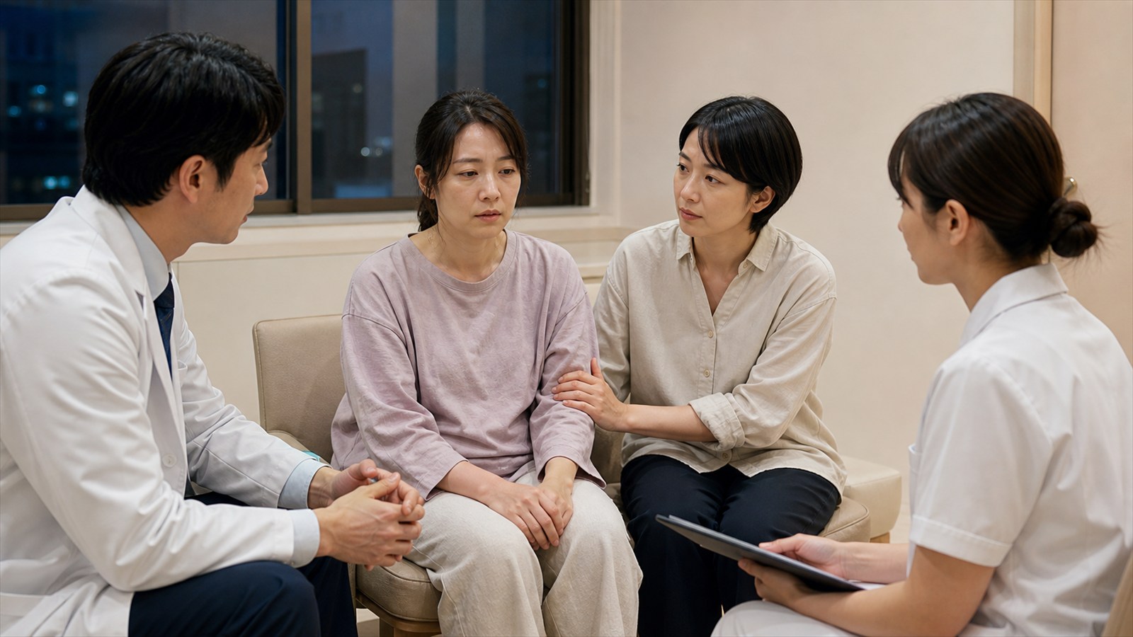 家族の支援を受けながら落ち着いた環境で緊急の安全評価を受ける日本人女性