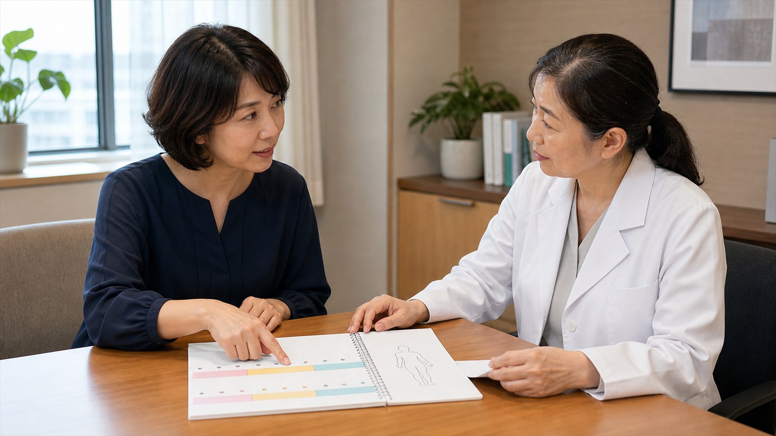 月経周期と症状日誌を医師と確認する日本人女性