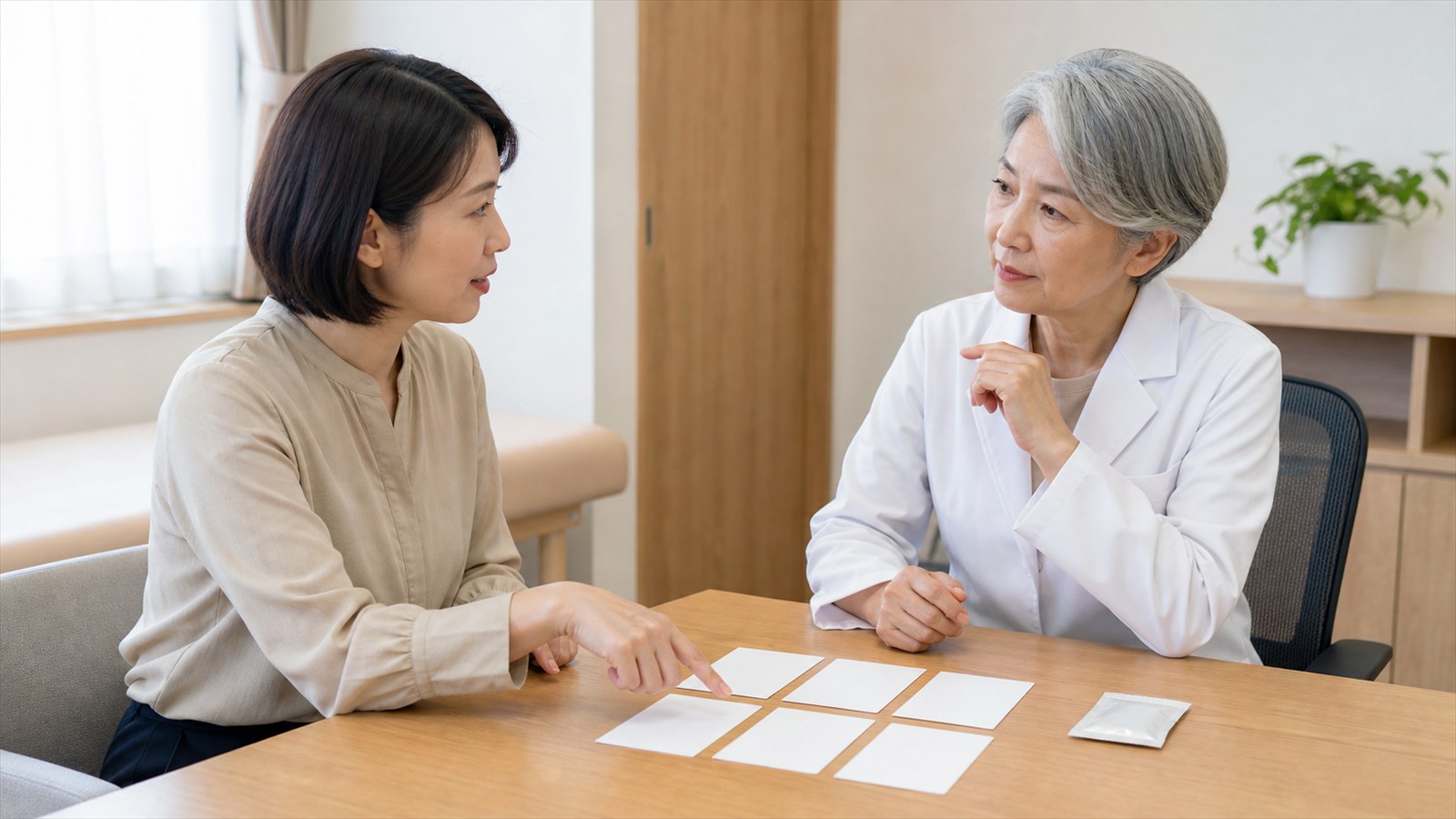 月経前症状に対する漢方薬の適否を医師と相談する日本人女性