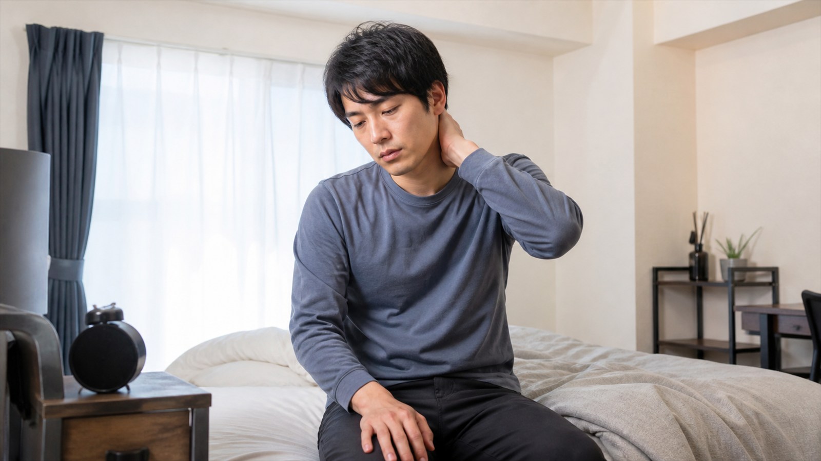 朝の寝室で起床の難しさを感じながら一日を始める男性