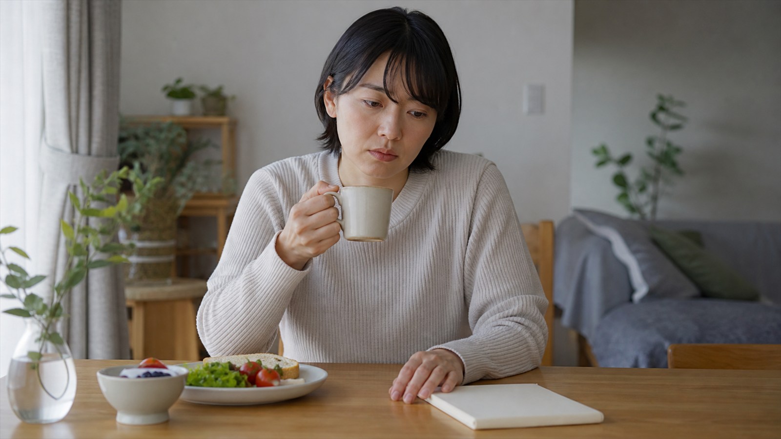 睡眠不足による気分と集中力の低下を朝食時に感じる女性