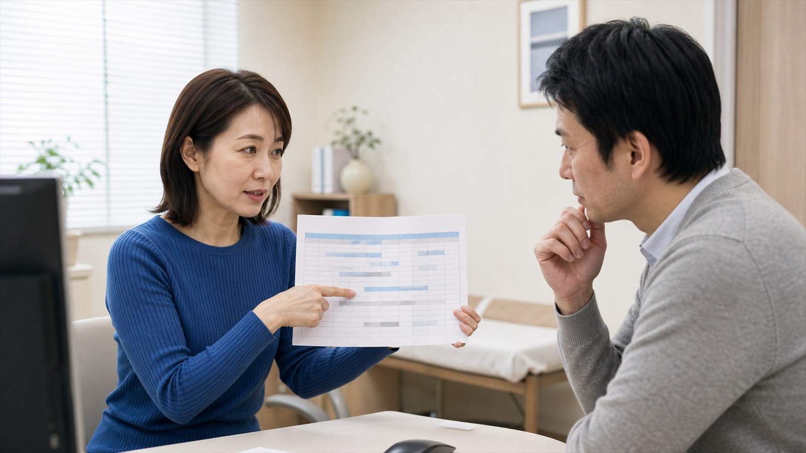 睡眠日誌を示し症状経過と検査方針を医師に相談する女性