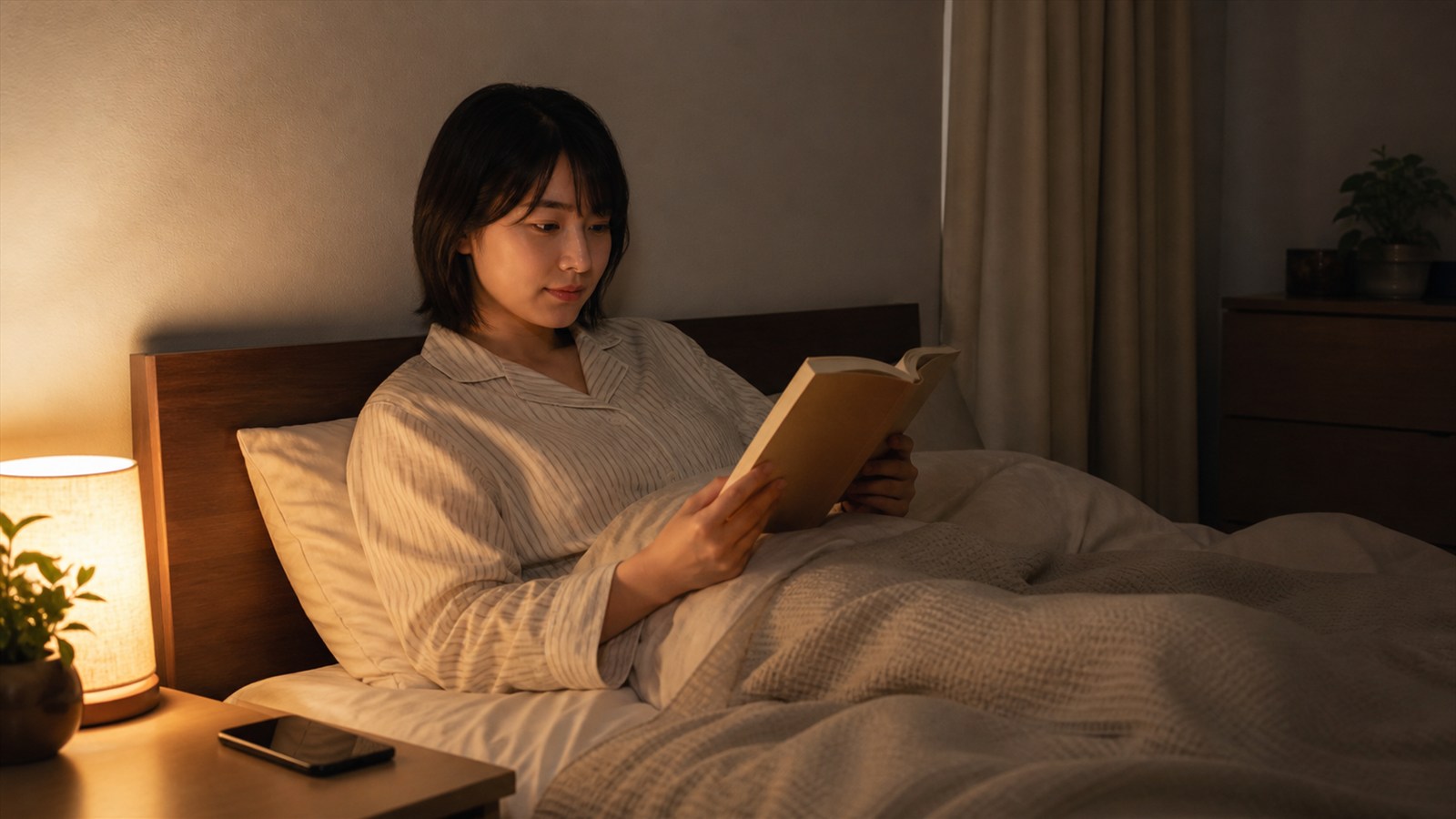 暖色の寝室でスマートフォンを置き、就寝前に読書をする日本人女性