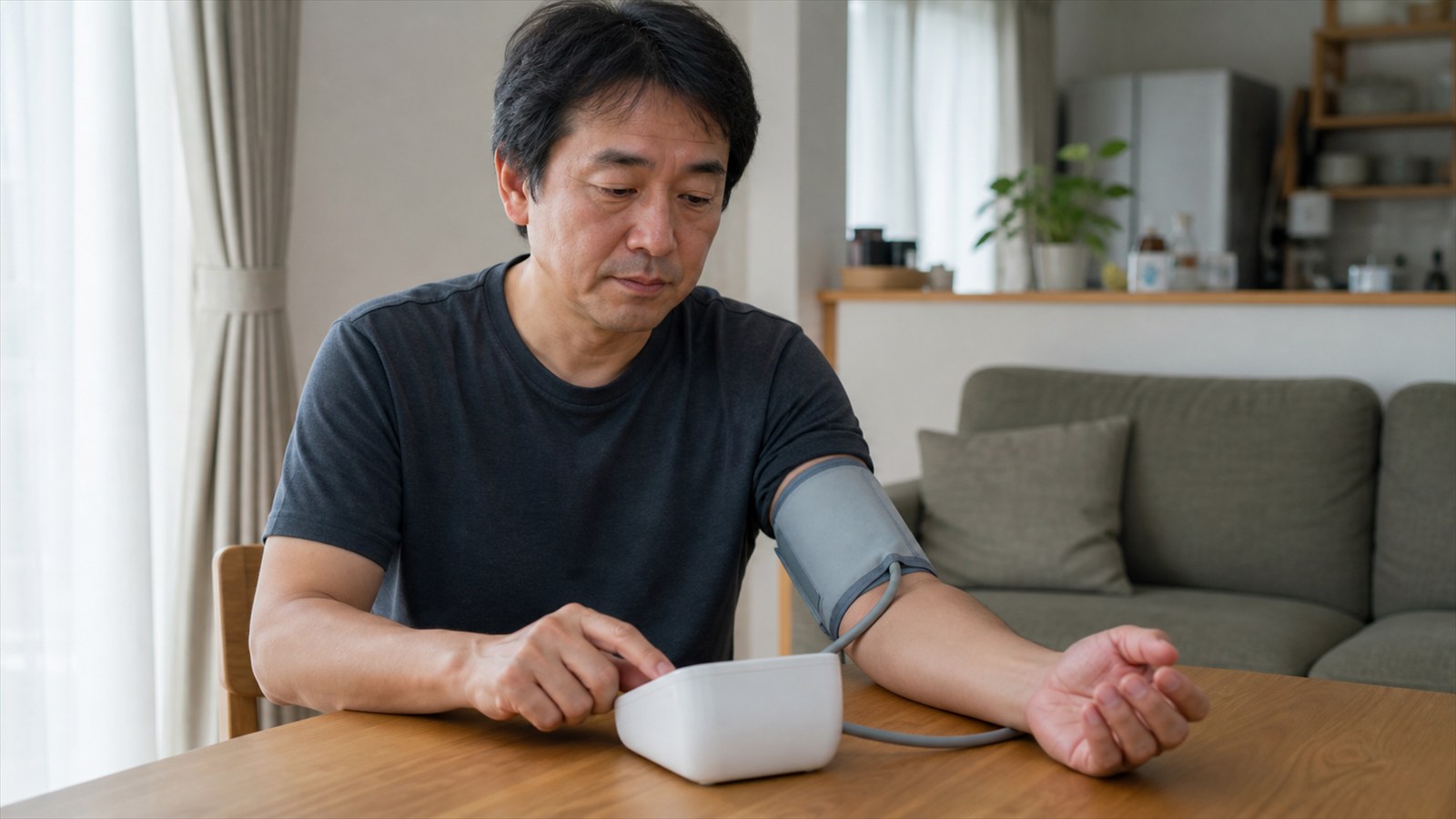 寝不足の翌朝に自宅で上腕式血圧計を使う日本人男性