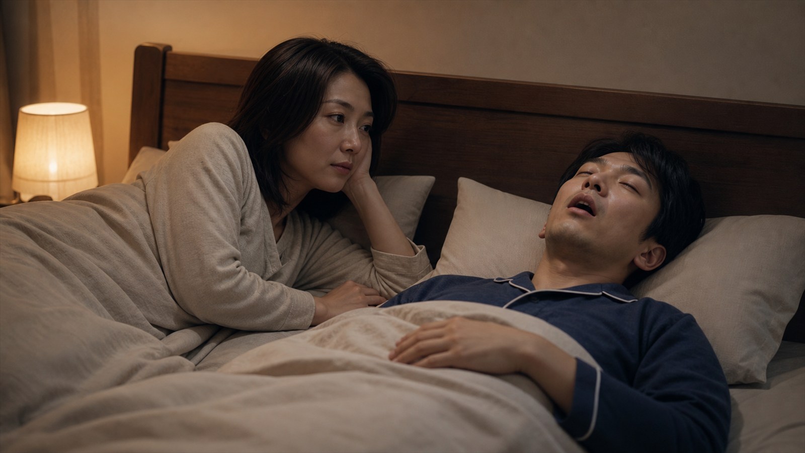 夜の寝室で眠る男性のいびきに穏やかに気づくパートナー