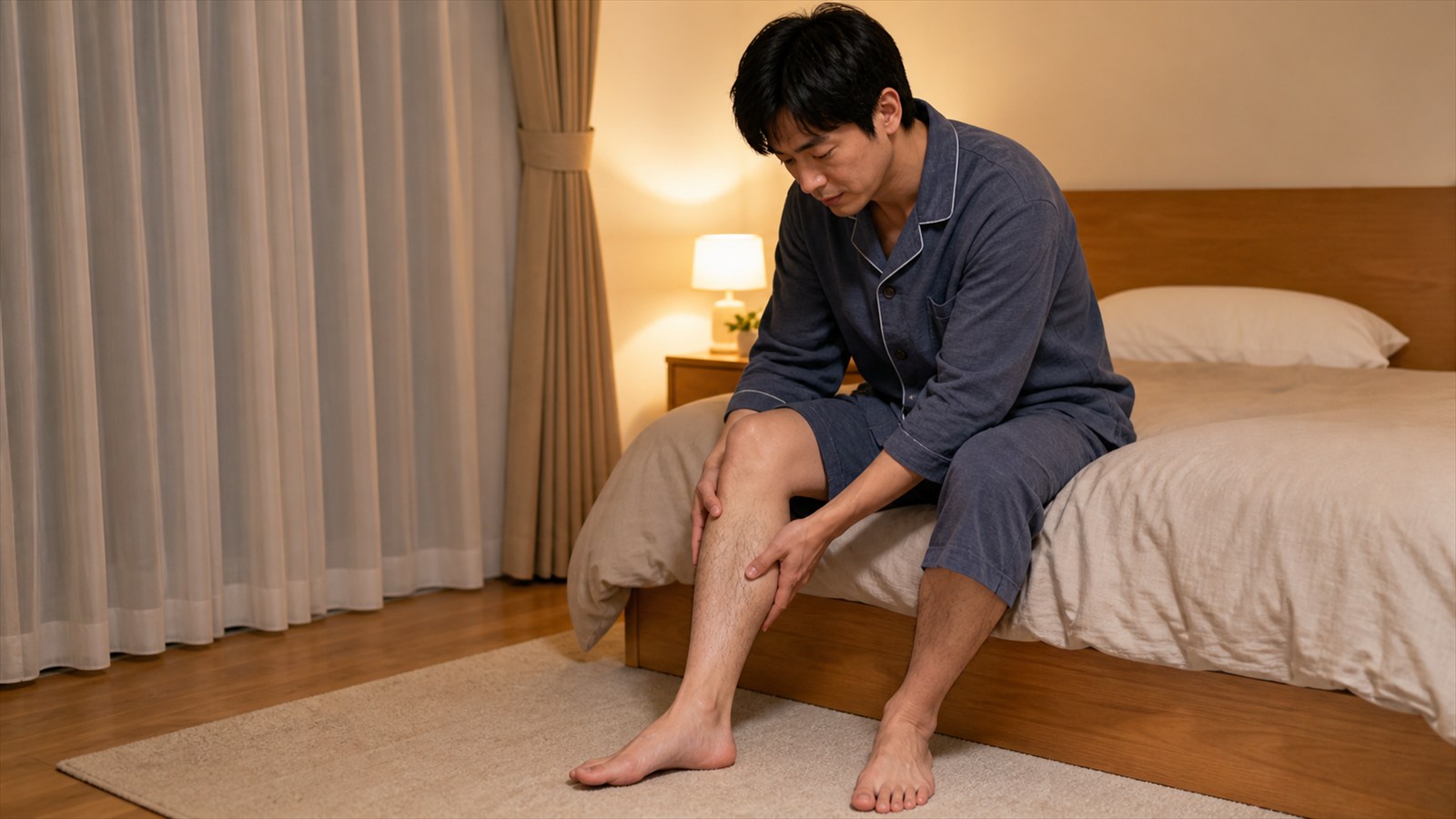 就寝前にベッド端でふくらはぎをやさしくさする日本人男性