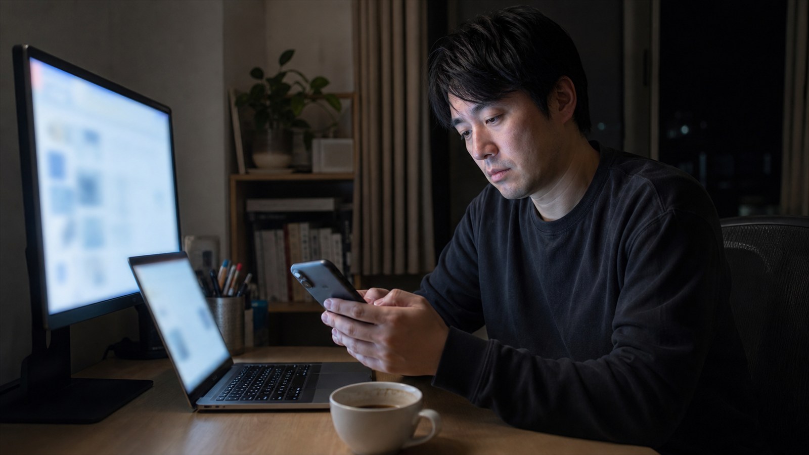 夜遅くスマートフォンとパソコンを使いコーヒーが残る机で過ごす日本人男性