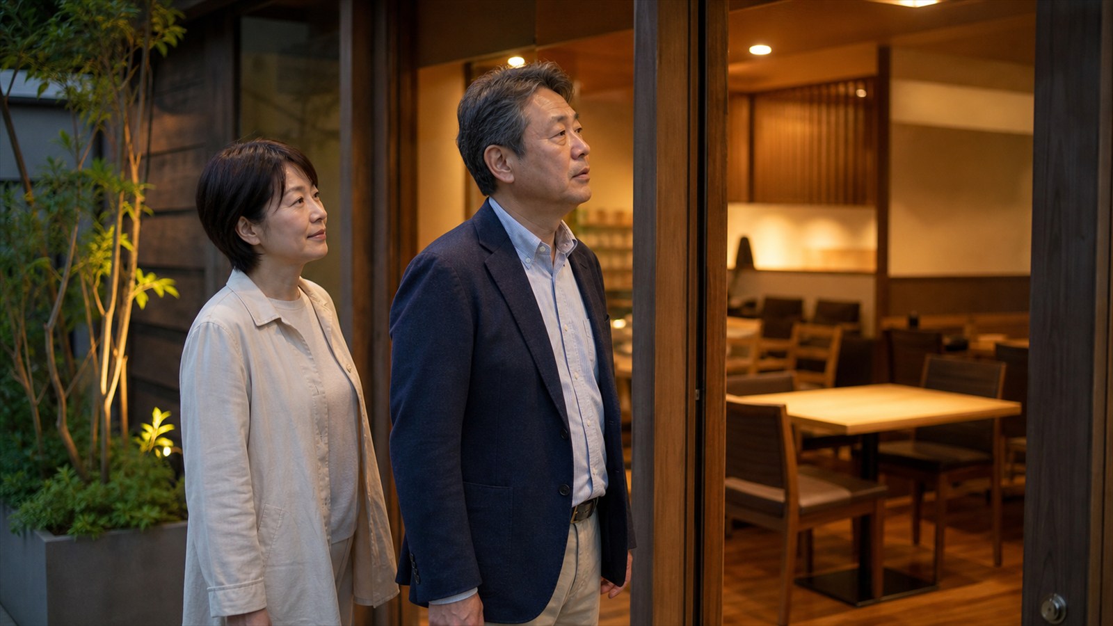 友人の支えを受けながら飲食店の入口で立ち止まる日本人男性