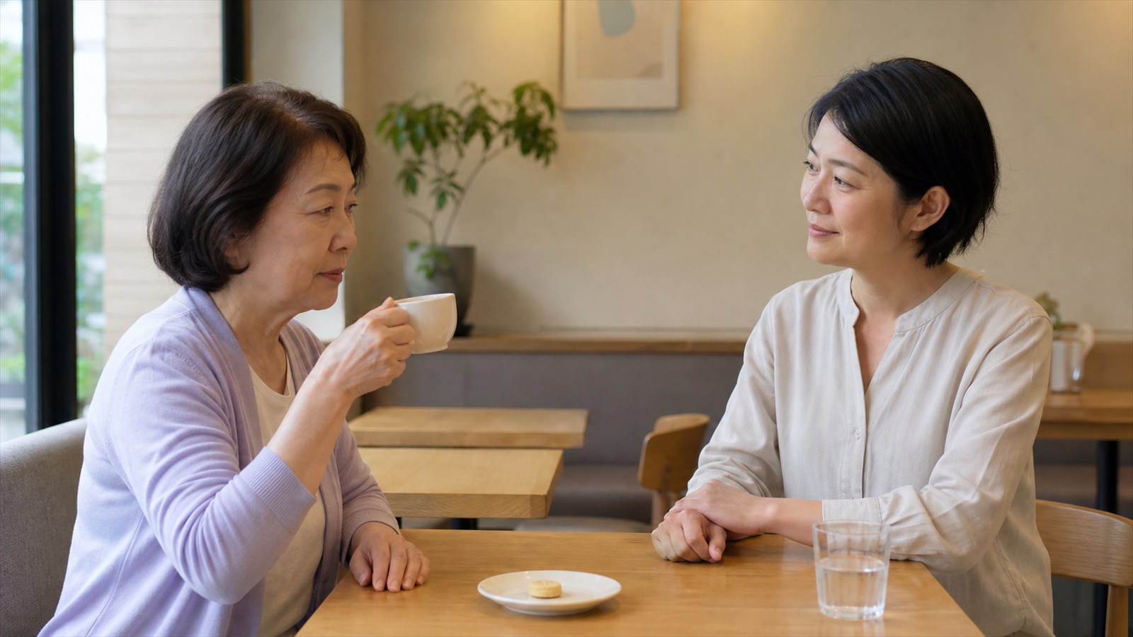 治療者と静かなカフェで一口の飲み物を試す段階練習を行う日本人女性