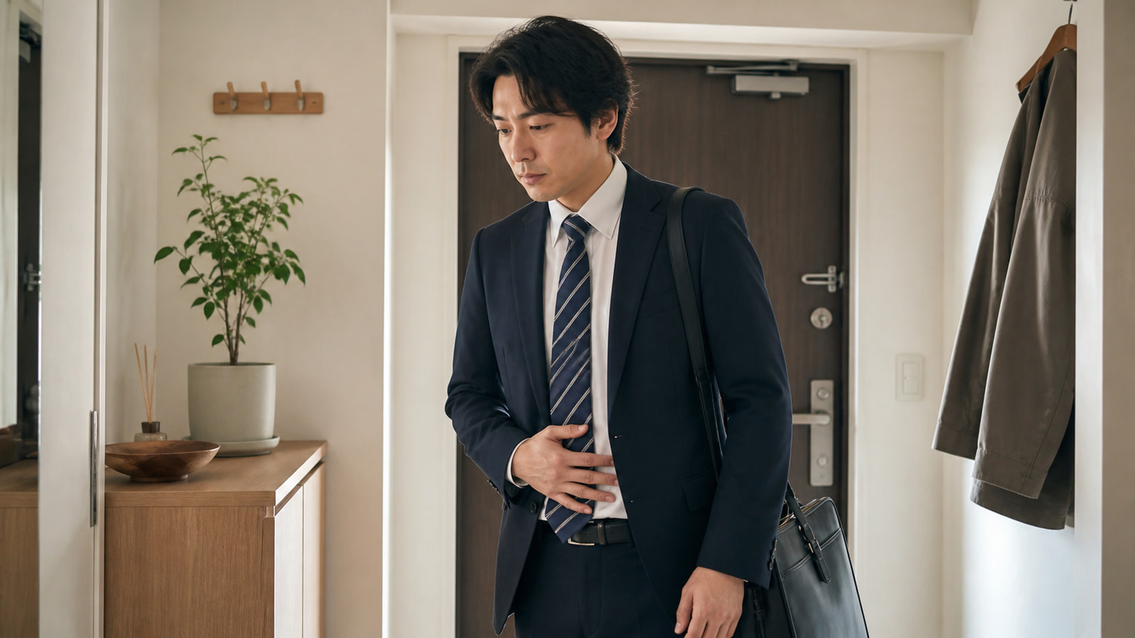 出勤前、自宅玄関で軽い腹部症状に気づく日本人会社員
