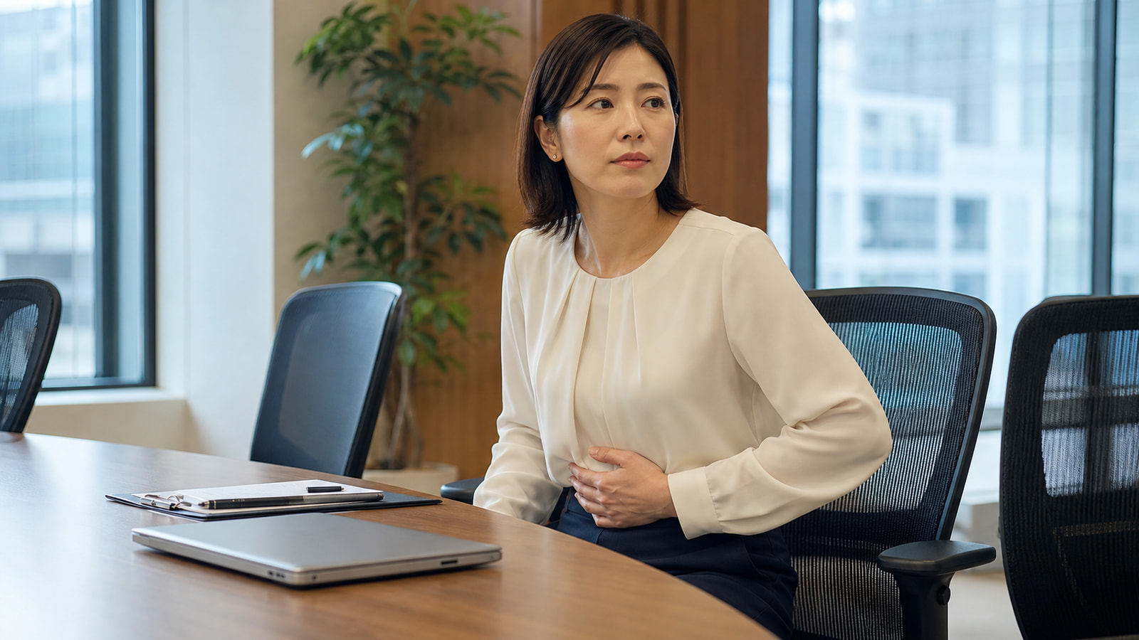 会議前に軽い腹部症状と予期不安を整える日本人女性