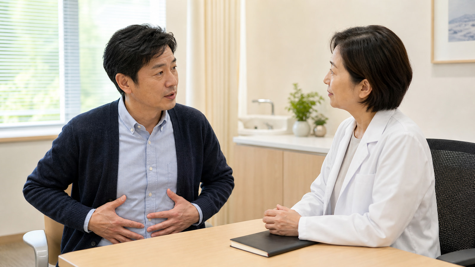 腹部症状と生活場面を医師へ相談する日本人男性