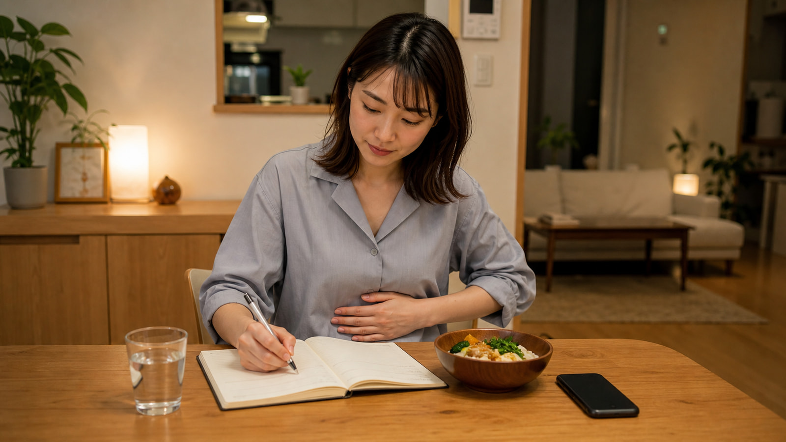 食事と腹部症状を手帳に記録する日本人女性