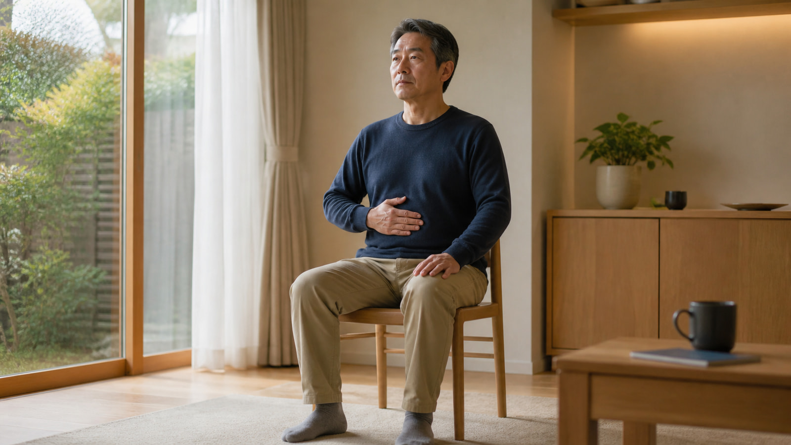 ゆっくりした呼吸で身体の警戒反応を整える日本人男性