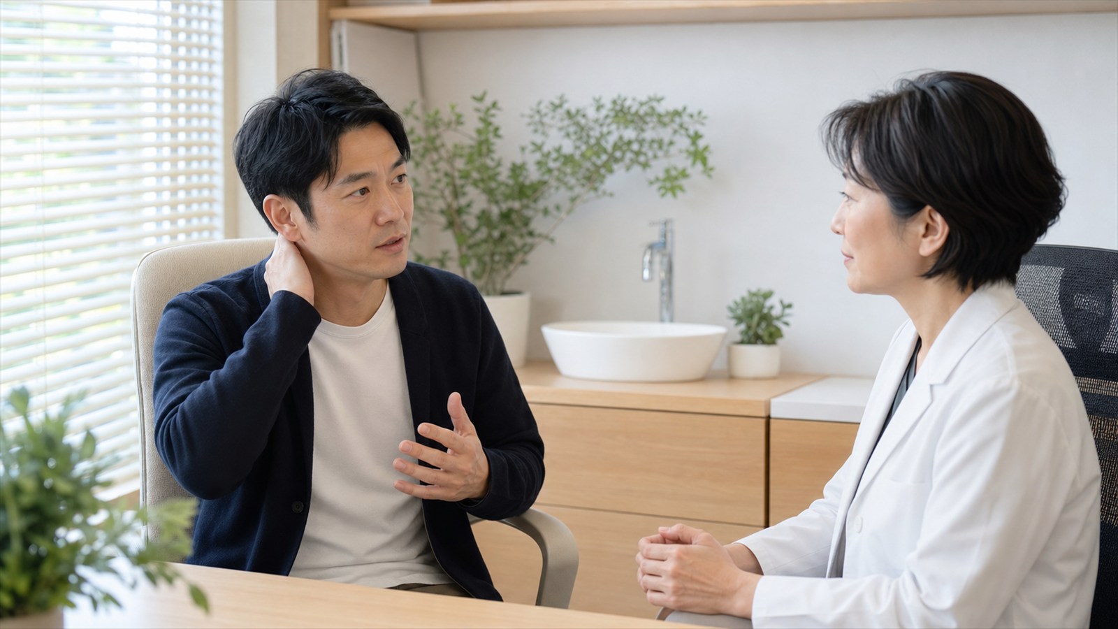 締めつける頭痛の経過と生活への影響を医師へ相談する日本人患者