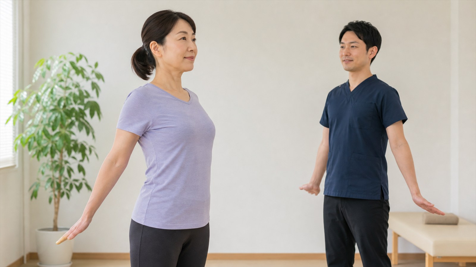 首肩へ無理をかけず穏やかな運動と姿勢調整を行う日本人成人