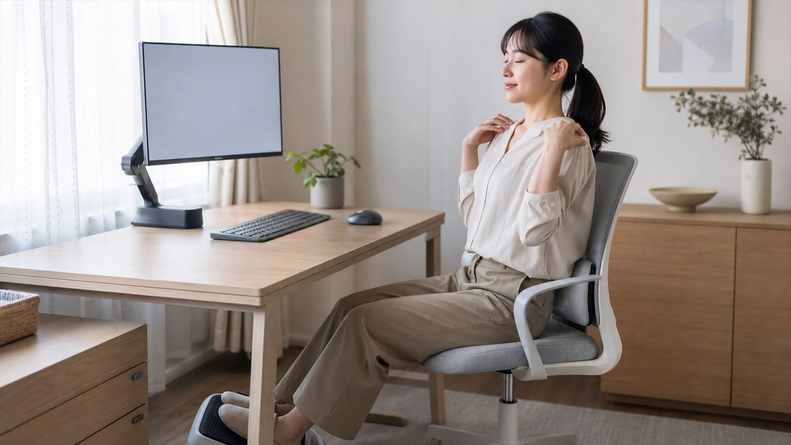 画面の高さと椅子と腕の位置を調整する日本人デスクワーカー