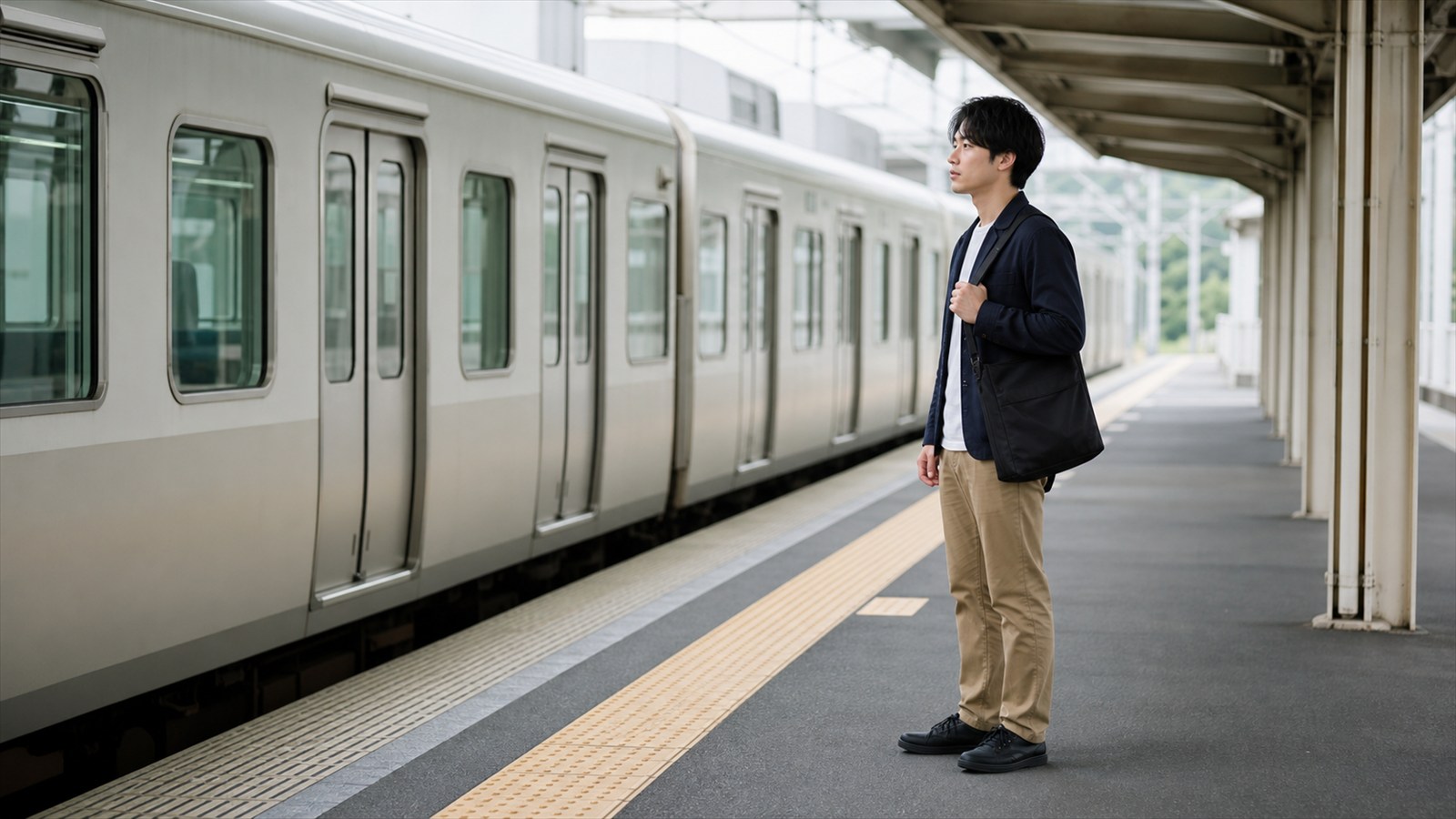 安全な位置で停車中の電車を待ちながら呼吸を整える男性