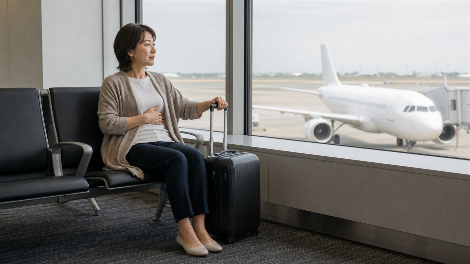搭乗前の空港で座って呼吸を整える女性