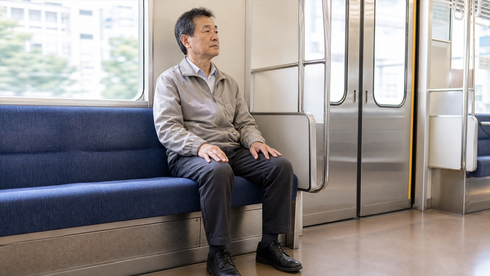 電車内で足裏と姿勢を意識して不安に対処する男性
