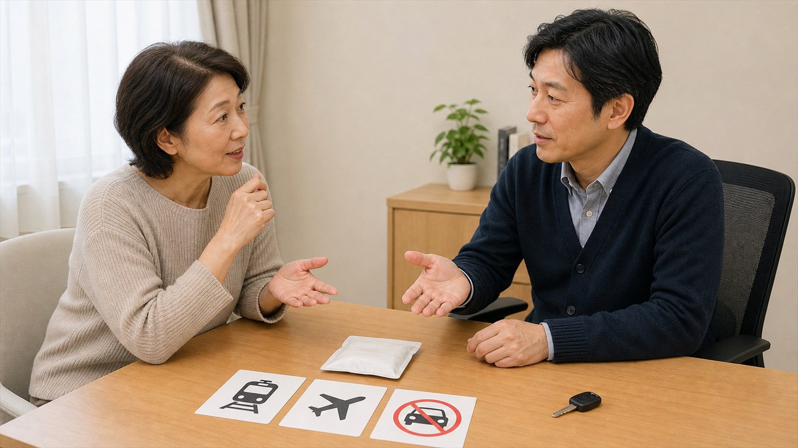 薬の眠気と運転を避ける移動計画を医師と確認する女性