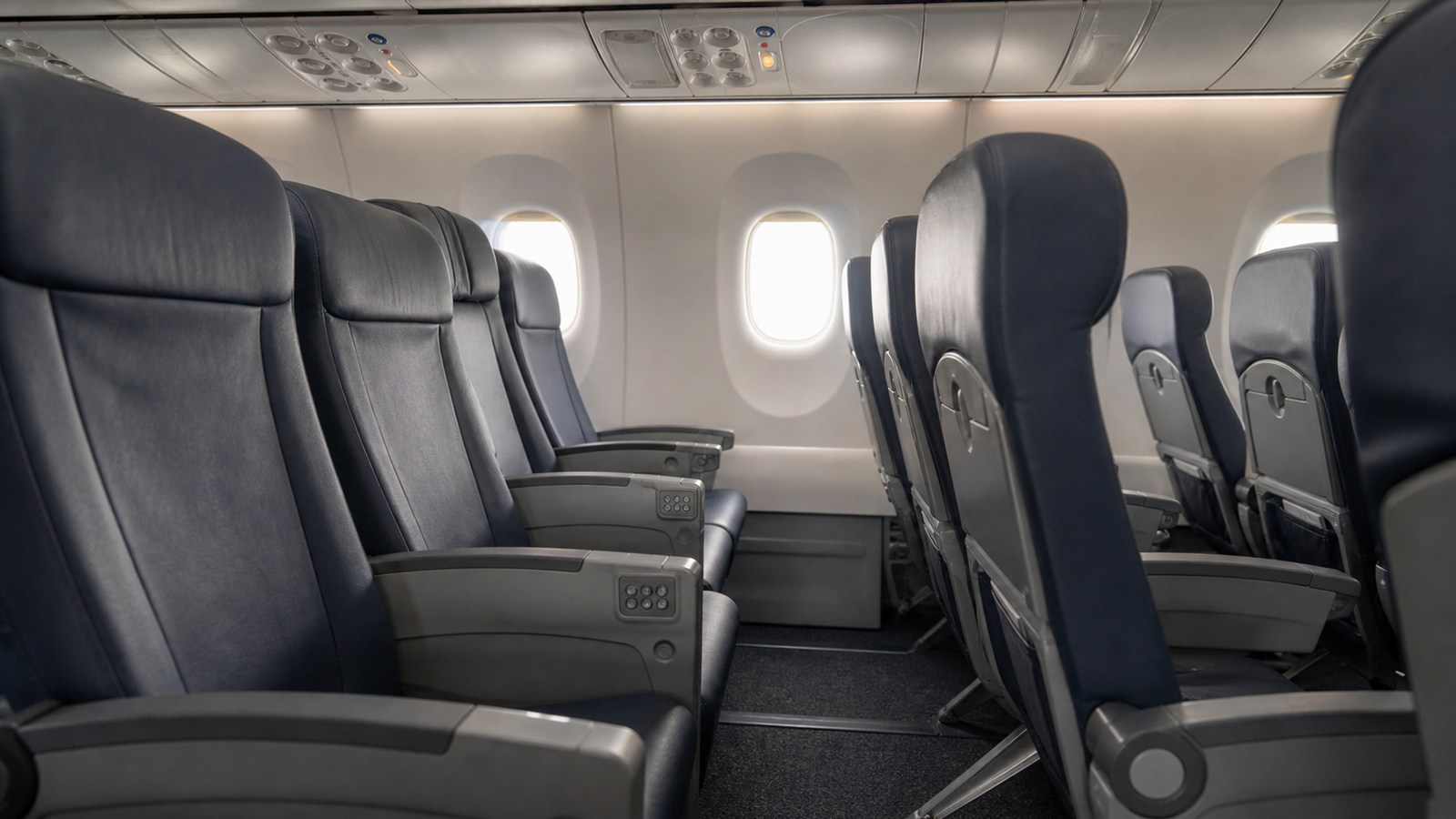 呼び出し装置と頭上設備が見える無人の航空機座席