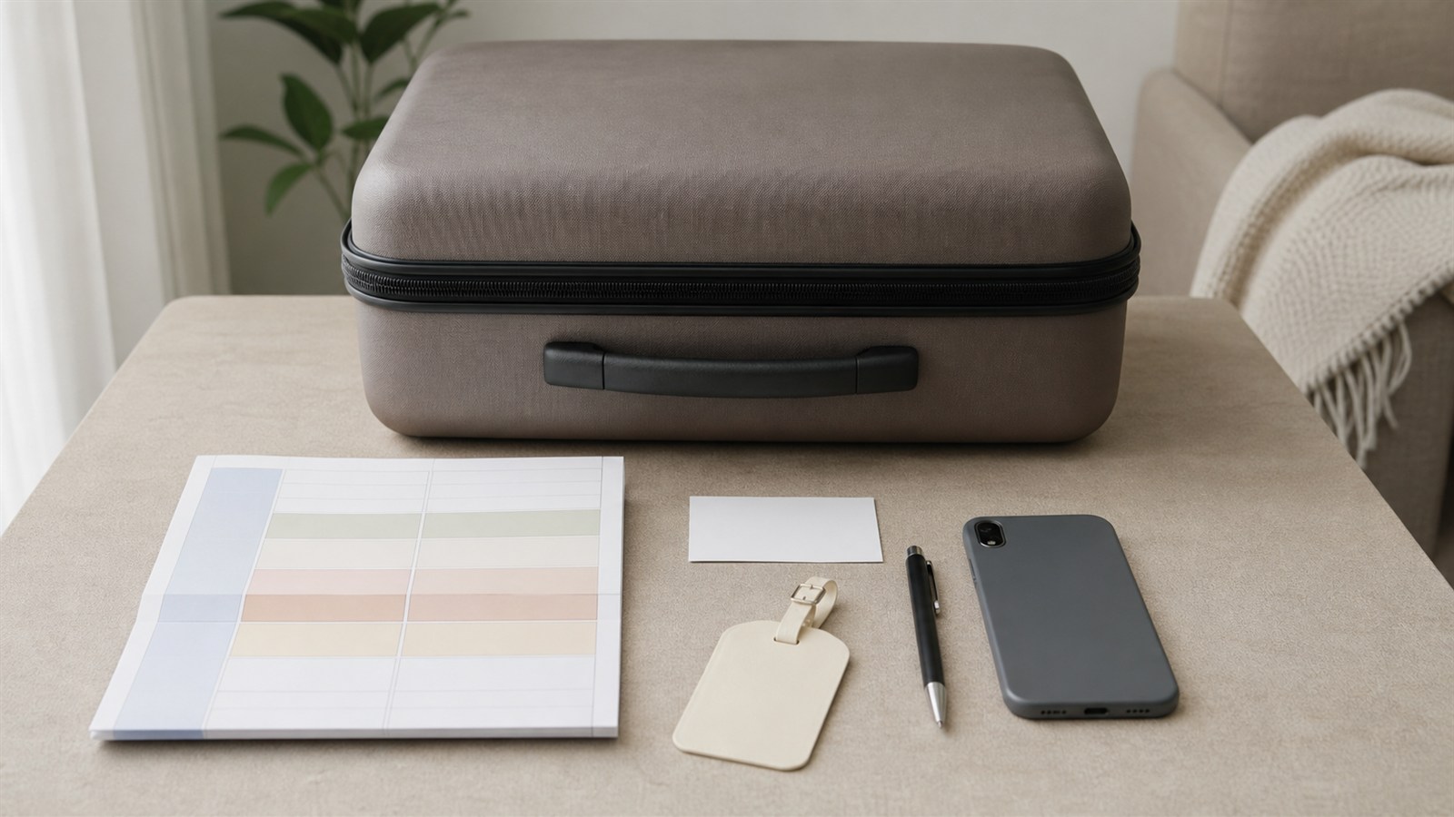 荷物と空欄の旅程表と連絡カードを整えた旅行準備